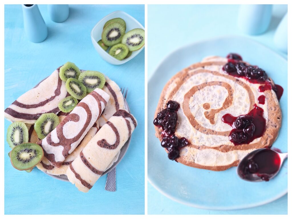 Selbstgemachte Schokowirbel-Crepes mit Kiwi oder Johannisbeer-Marmelade.