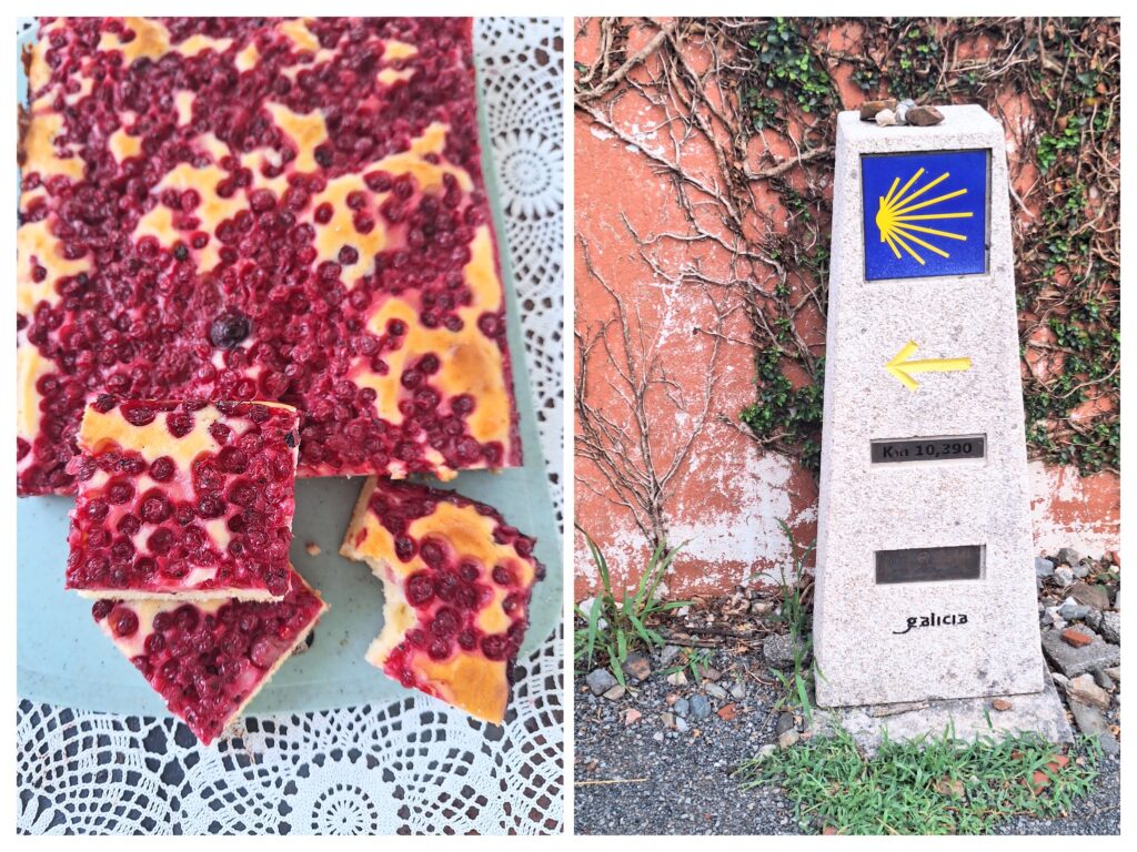 Joghurtkuchen mit Beeren und rechts eine Camino- Säule in Galizien.