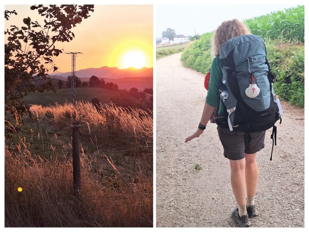 Sonnenaufgang auf Camino und rechts Pilgerrin hinten mit Rucksack und Jakobsmuschel.