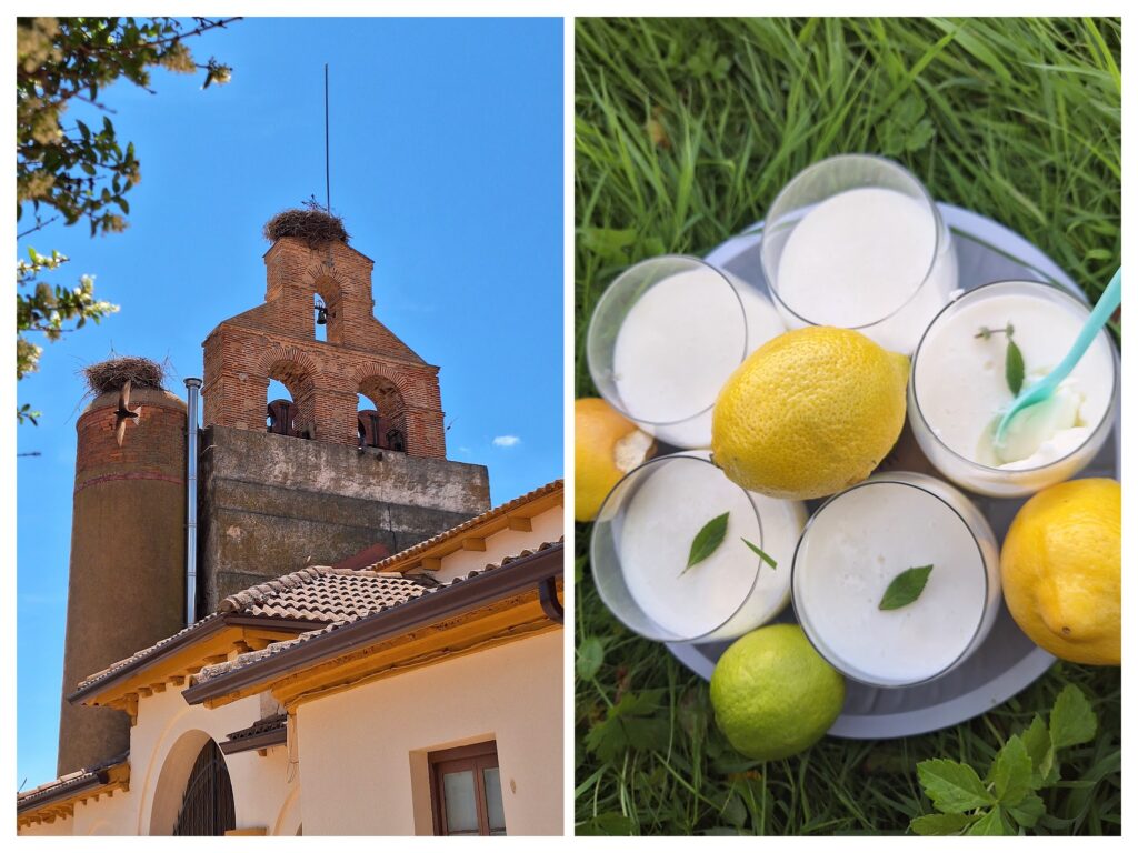 Kirche in Spanien und rechts Limettendessert im Glas,