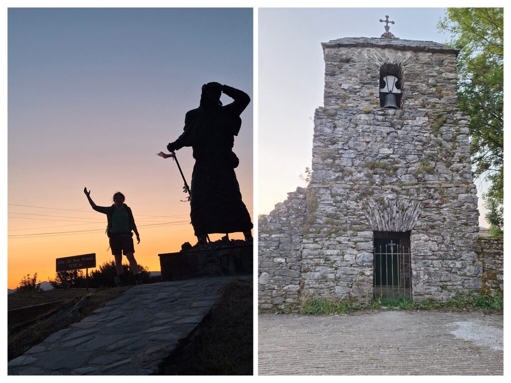 Eine pilgerstatue und eine Pilgerin im Dunklen, rechts eine alte Steinkirche in Galizien.
