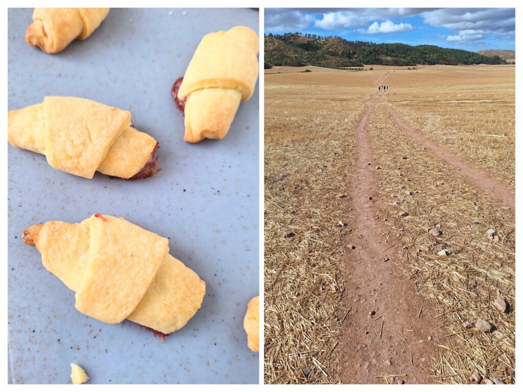 Hörnchen mit Marmelade und rechts ein spanisches Feld im Herbst.