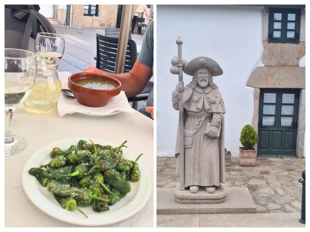 Grüne Paprikas und rechts ein Pilger- Denkmal in Galizien.