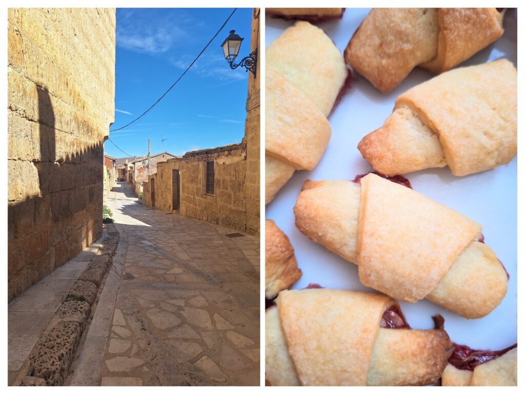 Leere Dorfstrasse in Spanien und rechts Nahaufnahme von Hörnchen.