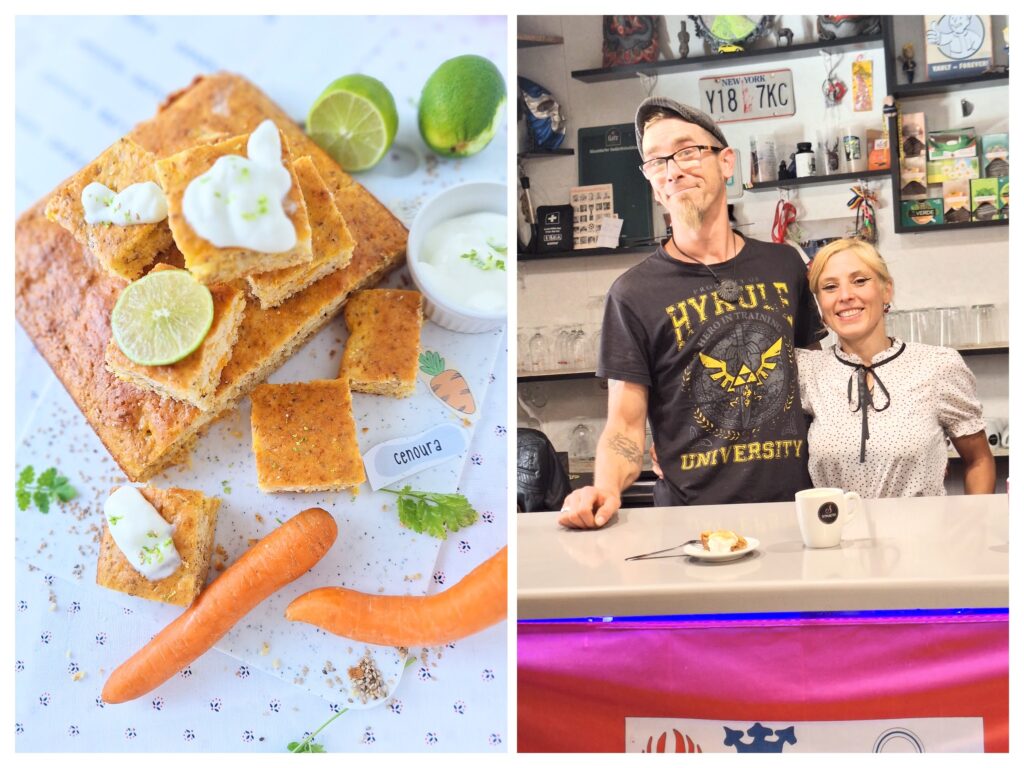 Karottenkuchen mit Limette und Sesam und rechts Rachel und Benjamin von Bar in Santa Catalina de Somoza.