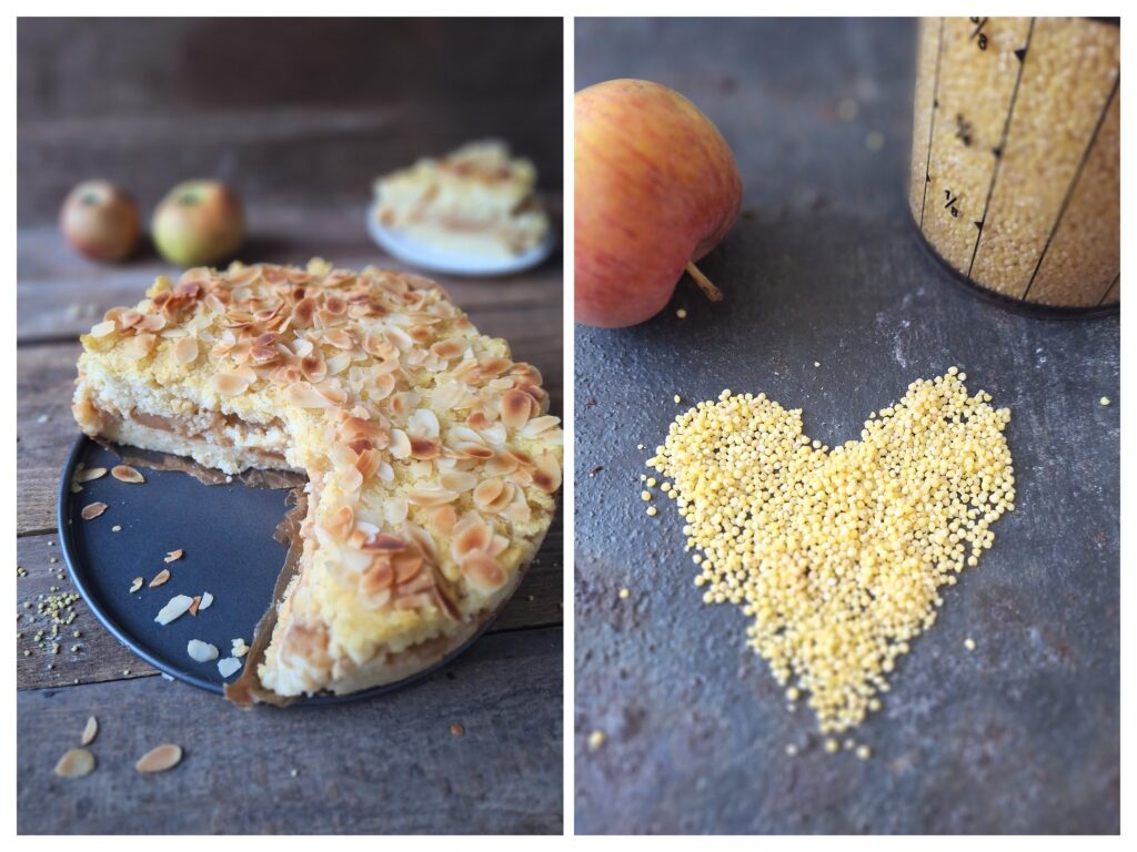 Apfel-Hirsenkuchen mit Mandelblättchen und ein Hirsenherz rechts.