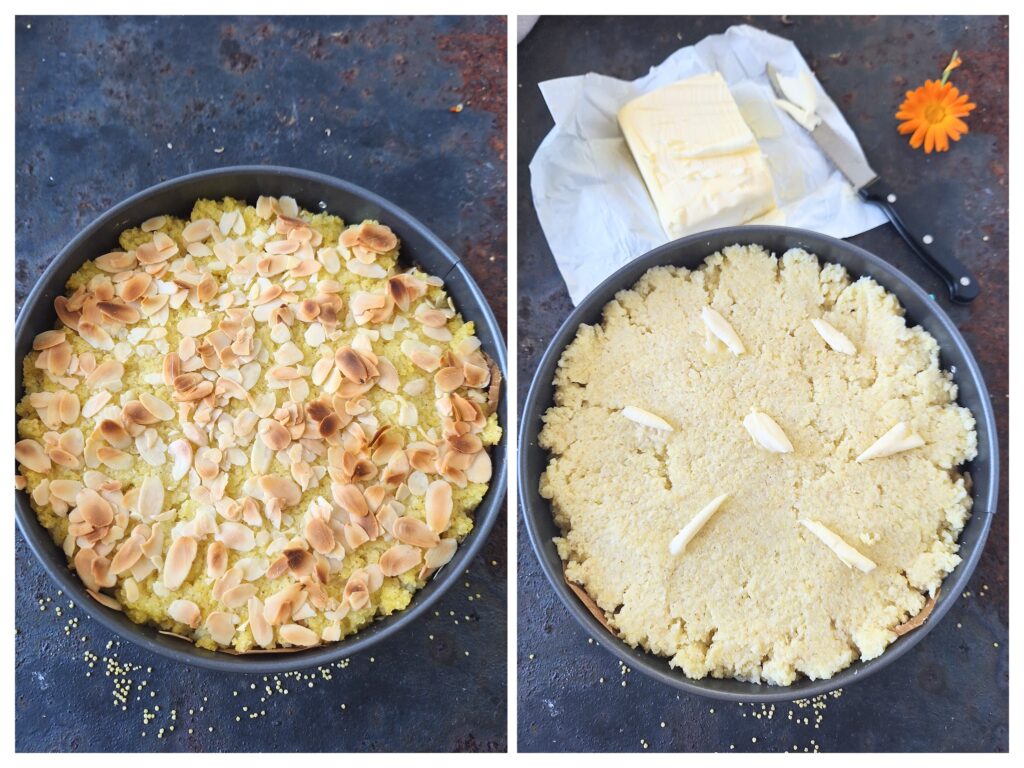 Ganzer Hirsenkuchen mit Mandelblättchen in einer Springform und rechts ein roher Hirsenkuchen mit Butterflocken.