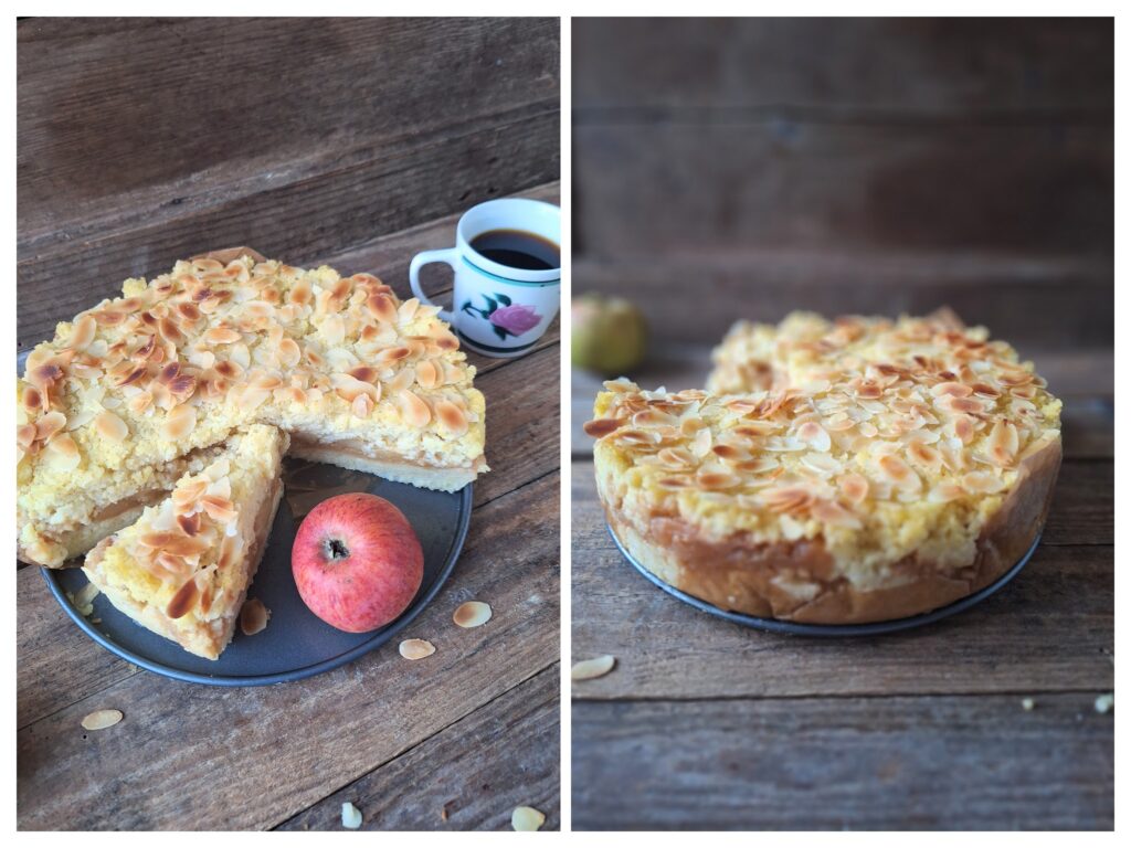 Zwei foros nebeneinander von rundem Apfel-Hirsenkuchen mit Mandelblättchen.