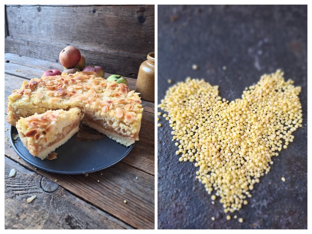 Runder, angeschnittener Hirsenkuchen mit einer Apfelfüllung und Mandelblättchen und rechts ein Herz aus Hirse.