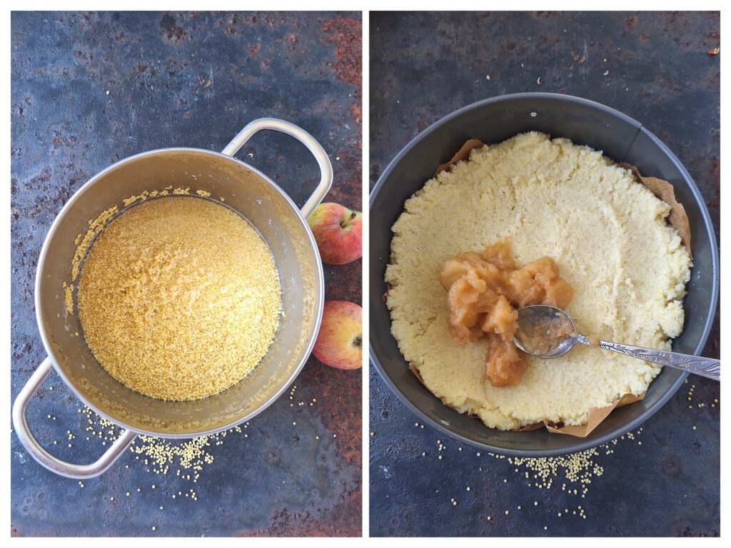 Hirse in einem Topf und rechts geschichtete Hirse und Apfelmus in einer Springform.