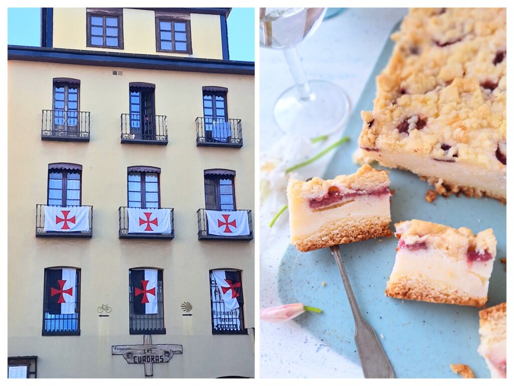 Hausfassade in Ponferrada mit Templerkreuzen und rechts Streusel-Käsekuchen mit Erdbeeren.