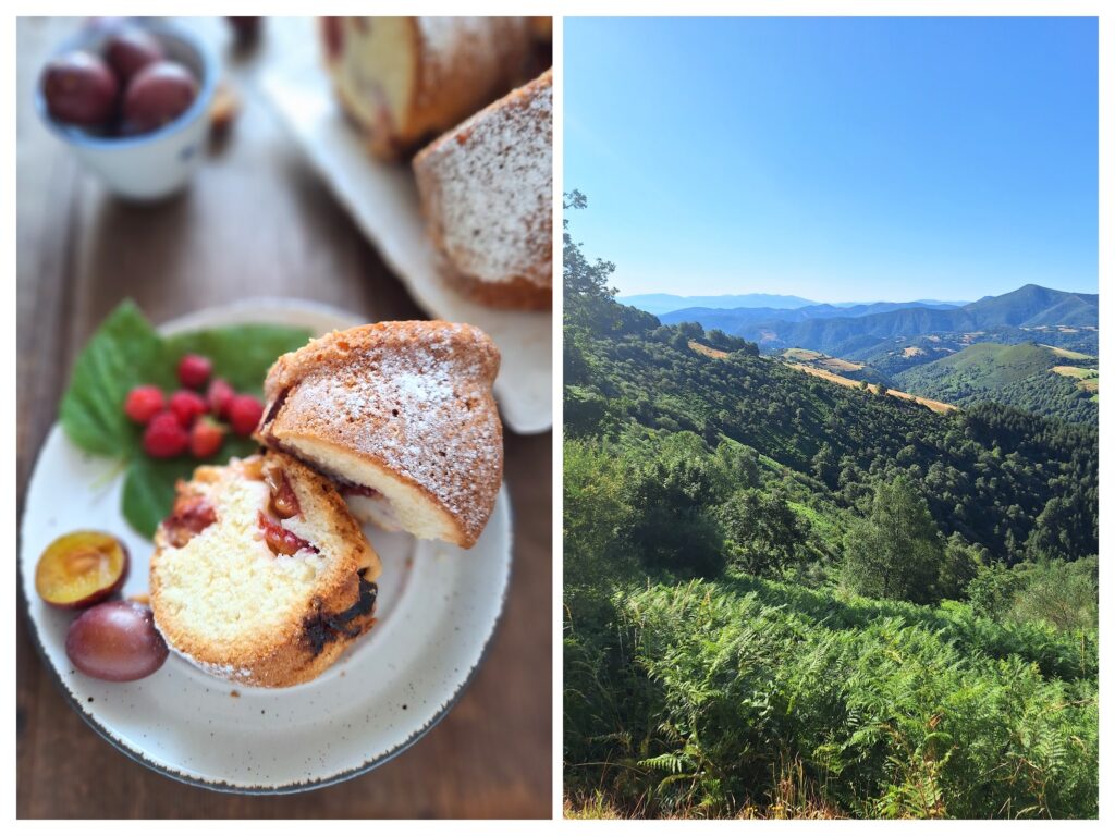 Rührteig-Kuchen mit Zwetschgen und links Berge in Galizien, Spanien.