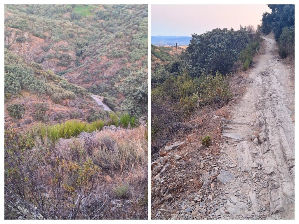 Die Berglandschaft bei Riego de Ambrós in Spanien und rechts der steinige Weg.
