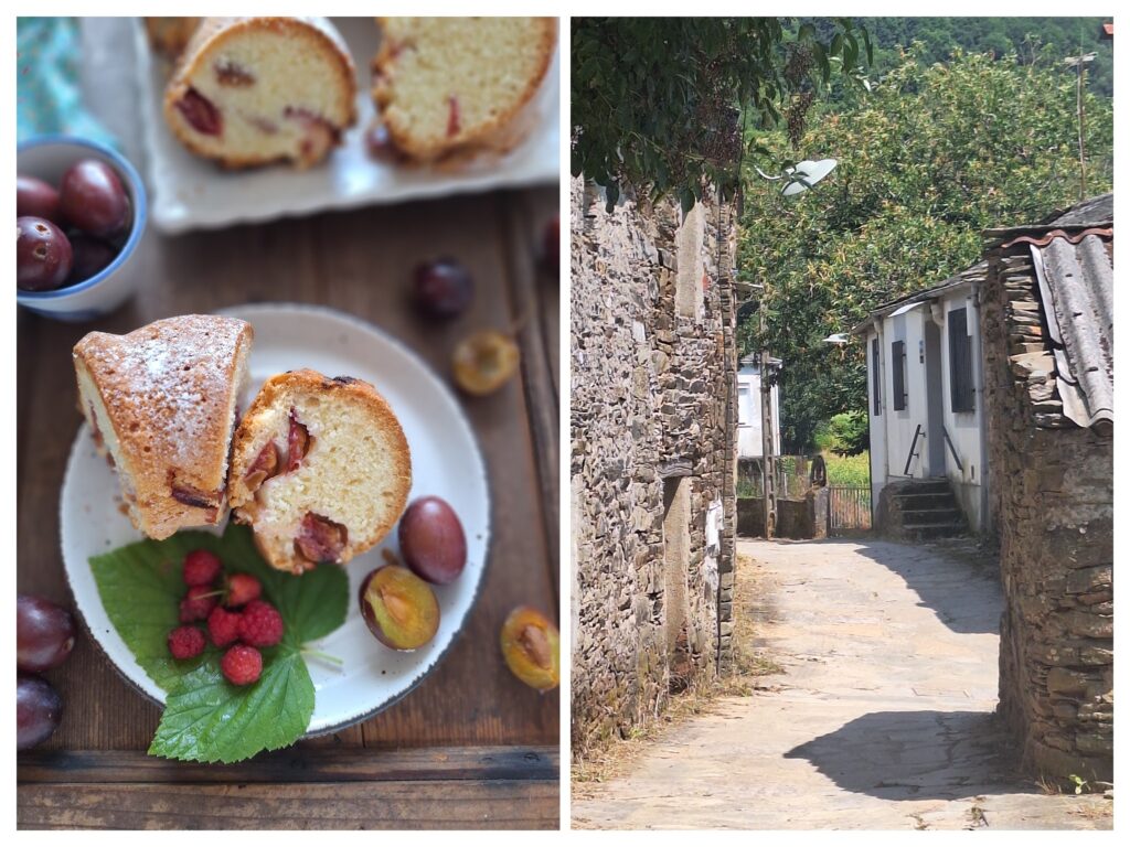 Pflaumenkuchen-Stücke und links alte Steinhäuser in Galizien in Spanien.