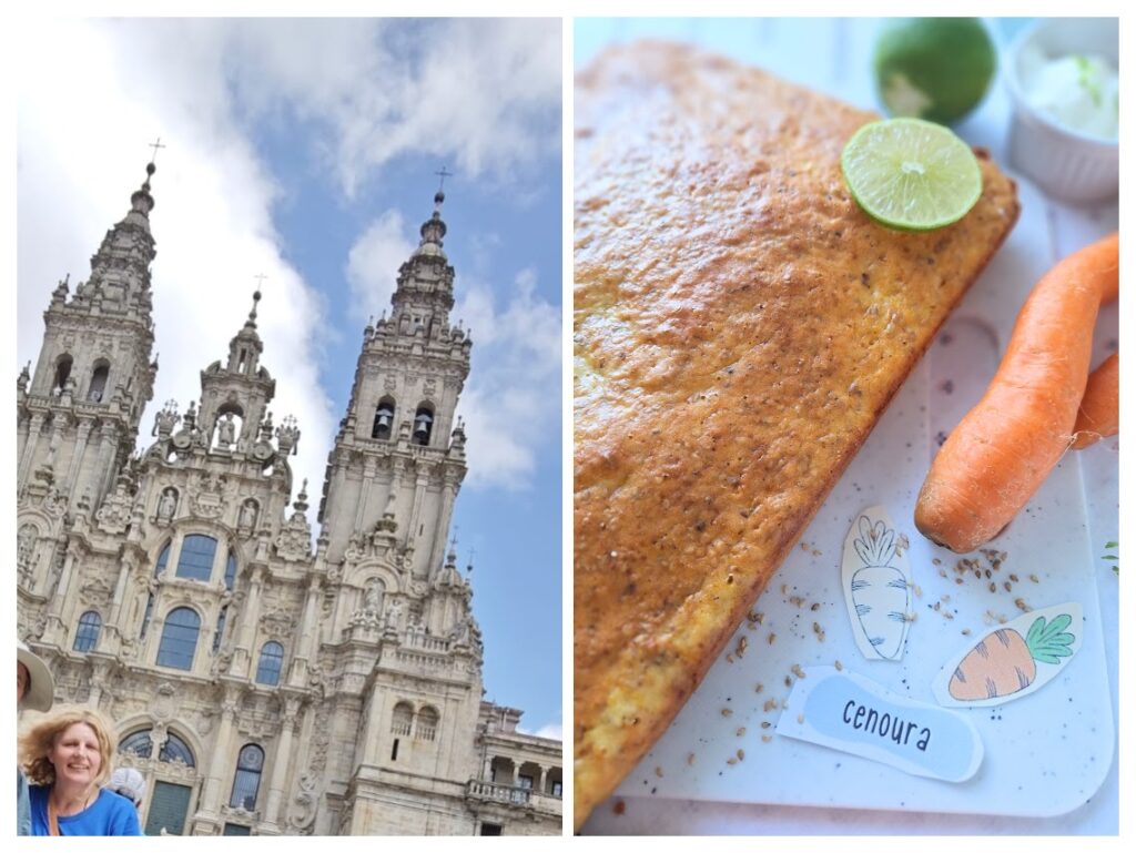 Kathedrale in Santiago links und Pilgerin von mein-dolcevita.de, rechts Karottenkuchen.