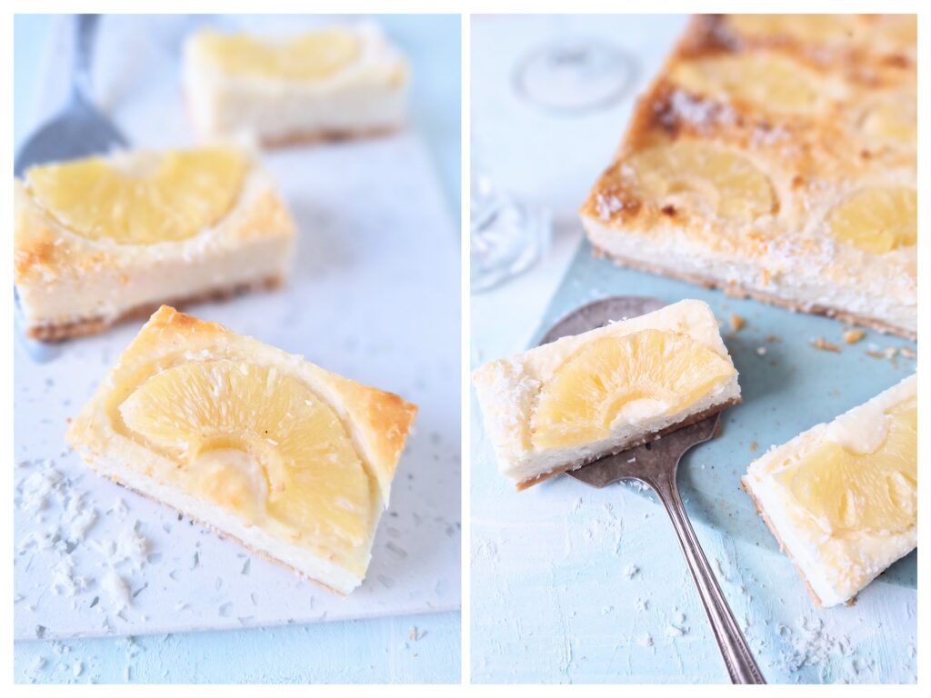 Ananas-Kokos-Käsekuchen in Stücke geschnitten.