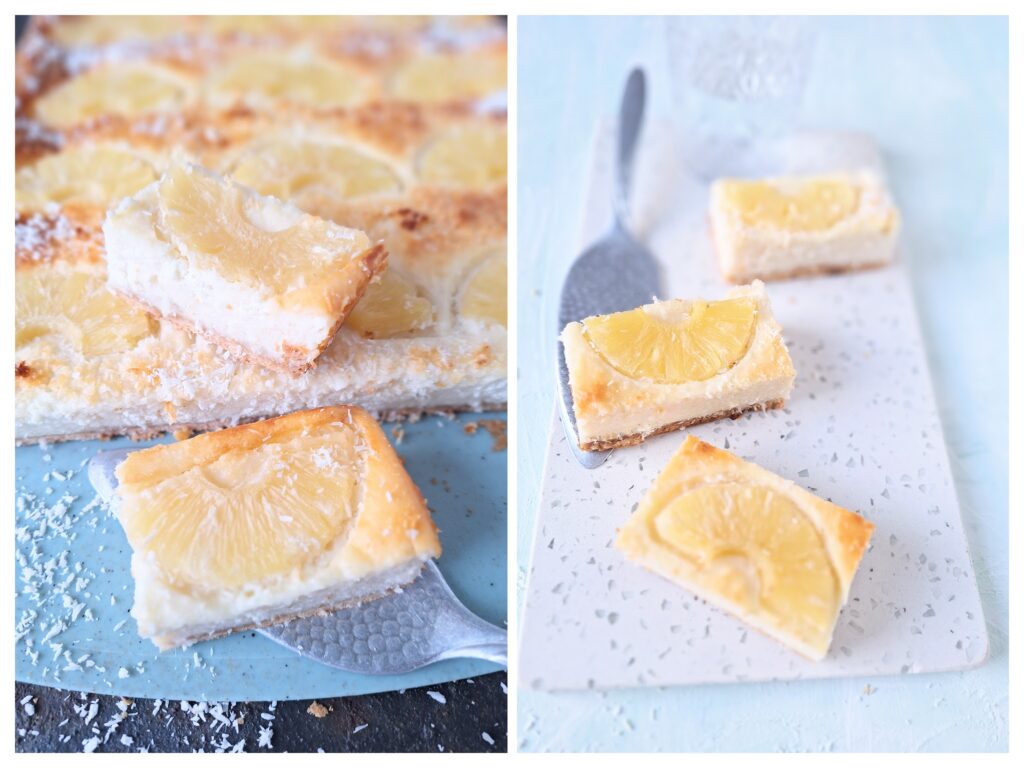 Stücke vom Ananas-Kokos-Käsekuchen vom Blech.