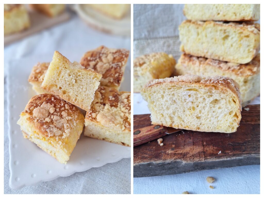 Selbstgemachter Streusel-Hefe-Blechkuchen, angeschnitten.