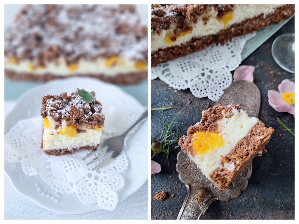 Blechkuchen mit Kakaostreuseln, Kokosfüllung und Nektarinen