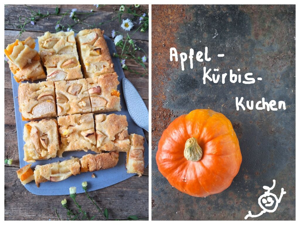Geschnittener selbstgemachter Blechapfelkuchen mit Kürbis und rechts Hokkaidokürbis.