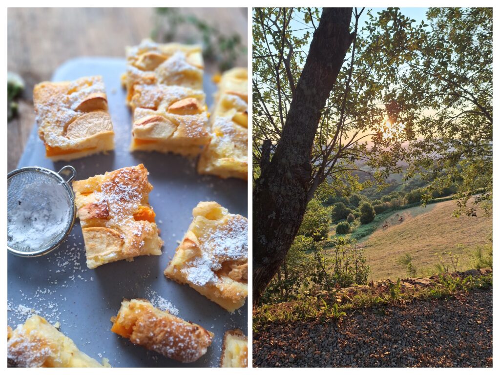 Stücke von Apfel-Kürbis-Blechkuchen und rechts eine Wiese am Morgen in Galizien, Spanien.