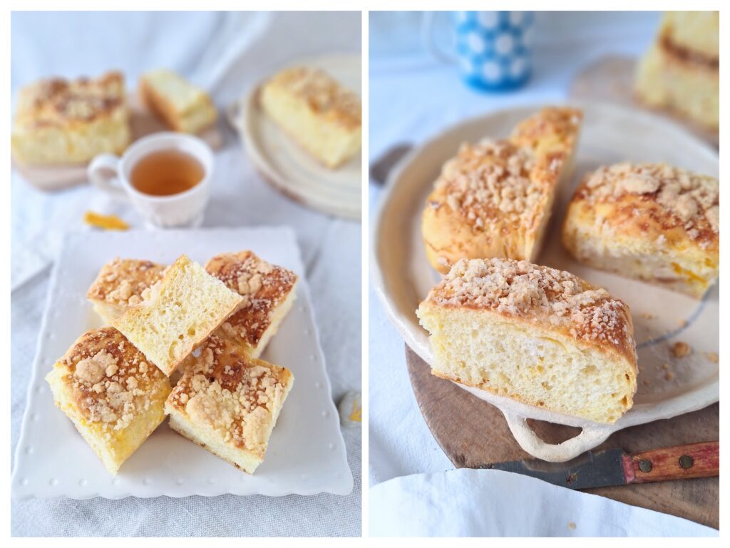 Streussel-Hefekuchen von Blech in Stücke geschnitten.