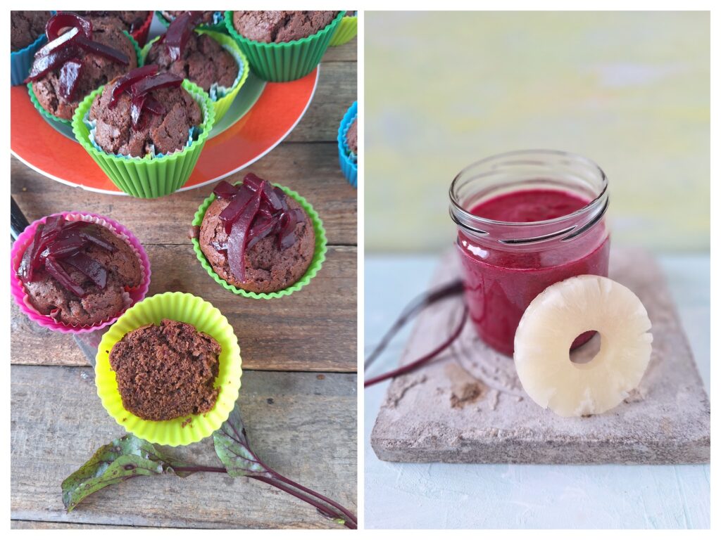 Rote-Bete-Schokomuffins und rechts ein Rote-Bete-Ananas-Drink.