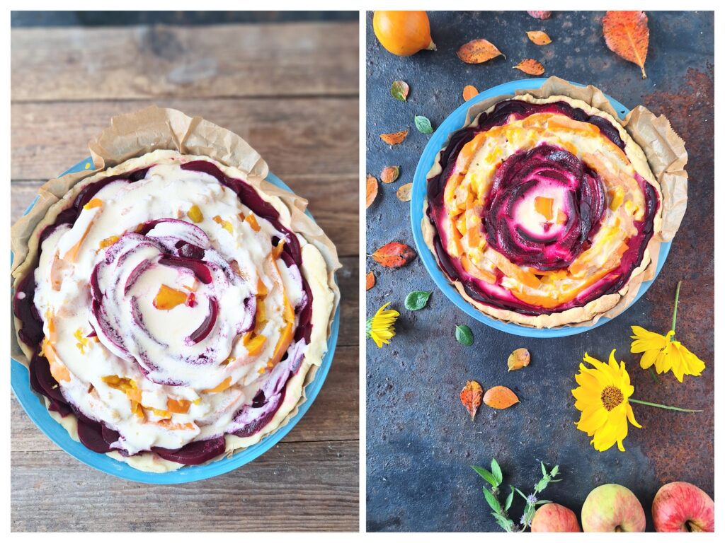 Rohe Rote Bete-Kürbis-Tarte und rechts gebackene in einer runder Backform.