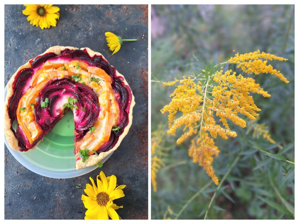 Rote Bete-Kürbis-Tarte als Blüte und rechts 