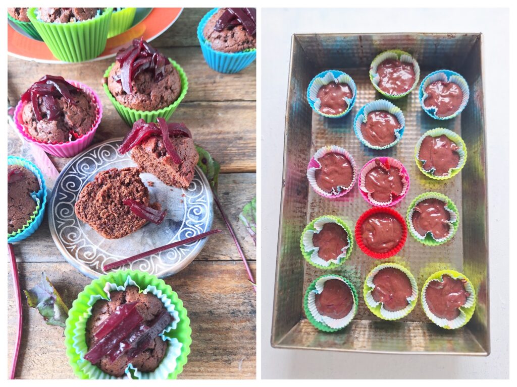 Rote-Bete-Schokomuffins gebacken und rechts roh als Teig in Förmchen.