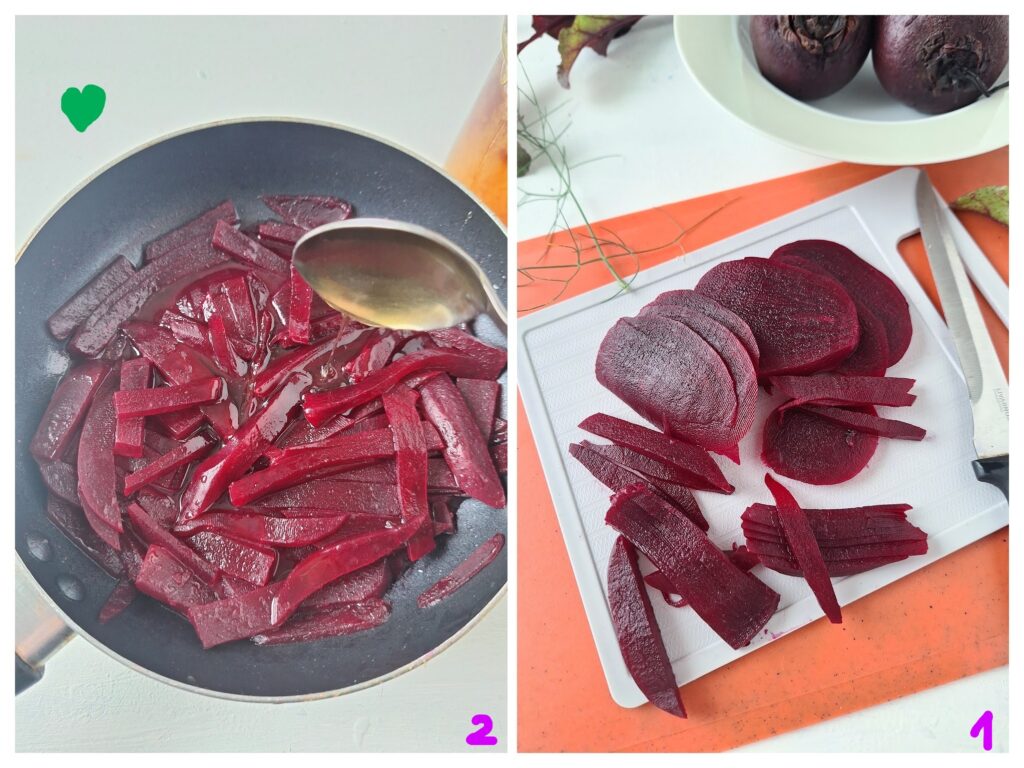 Rote Bete in der Pfanne und rechts beim Schneiden.