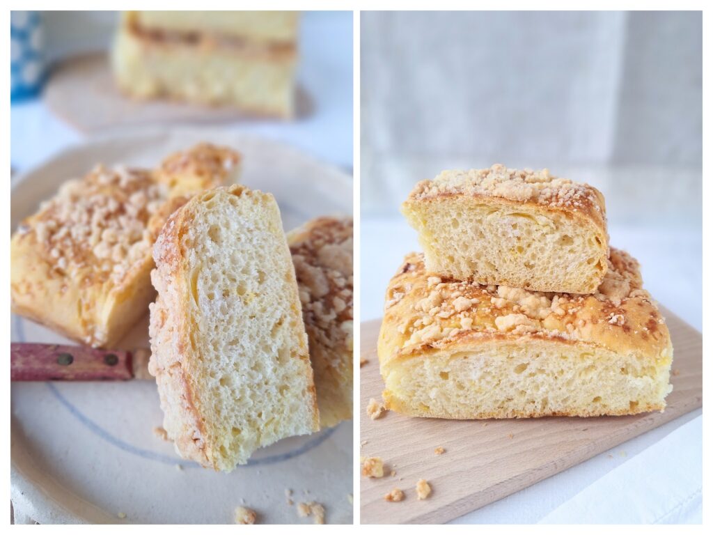 Streussel-Hefekuchen von Blech in Stücke geschnitten.