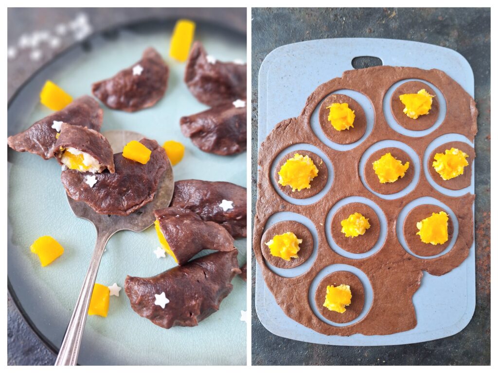 Gekochte Schoko-Piroggen mit Kürbis-Quark-Füllung und rechts die Zubereitung.