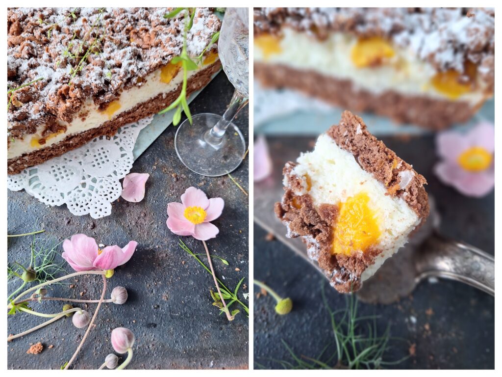 Blechkuchen mit Kakaostreuseln und Nektarinen und frische Blüten.