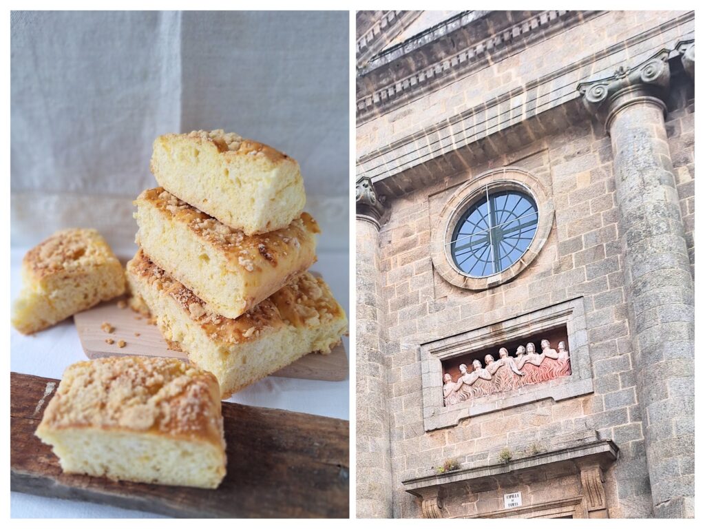 Stücke vom Hefekuchen mit Streusel und rechts eine Kirschenfassade in Santiago de Compostella.