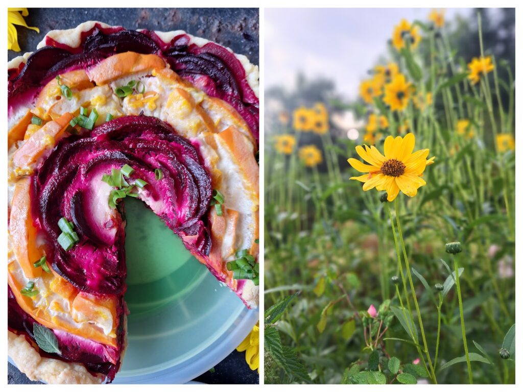 Gebackene und angeschnittene Rote Bete-Kürbis-Tarte und rechts gelbe Blumen.