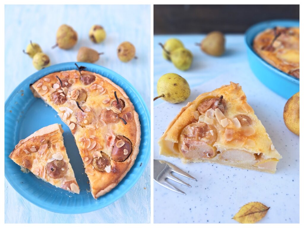 Mandel-Birnentarte in einer blauen Auflauf-Form und rechts angeschnittene Tarte.