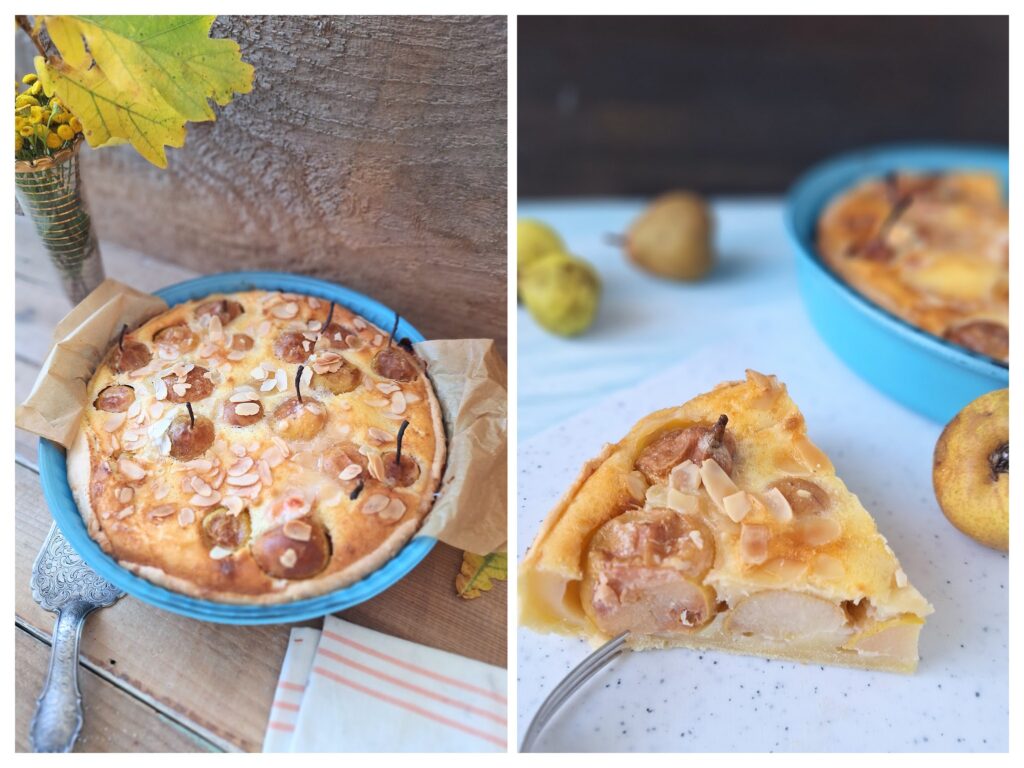Ganze Mandelbirnen-tarte in einer blauen Backform, rechts ein Stück von der Tarte.