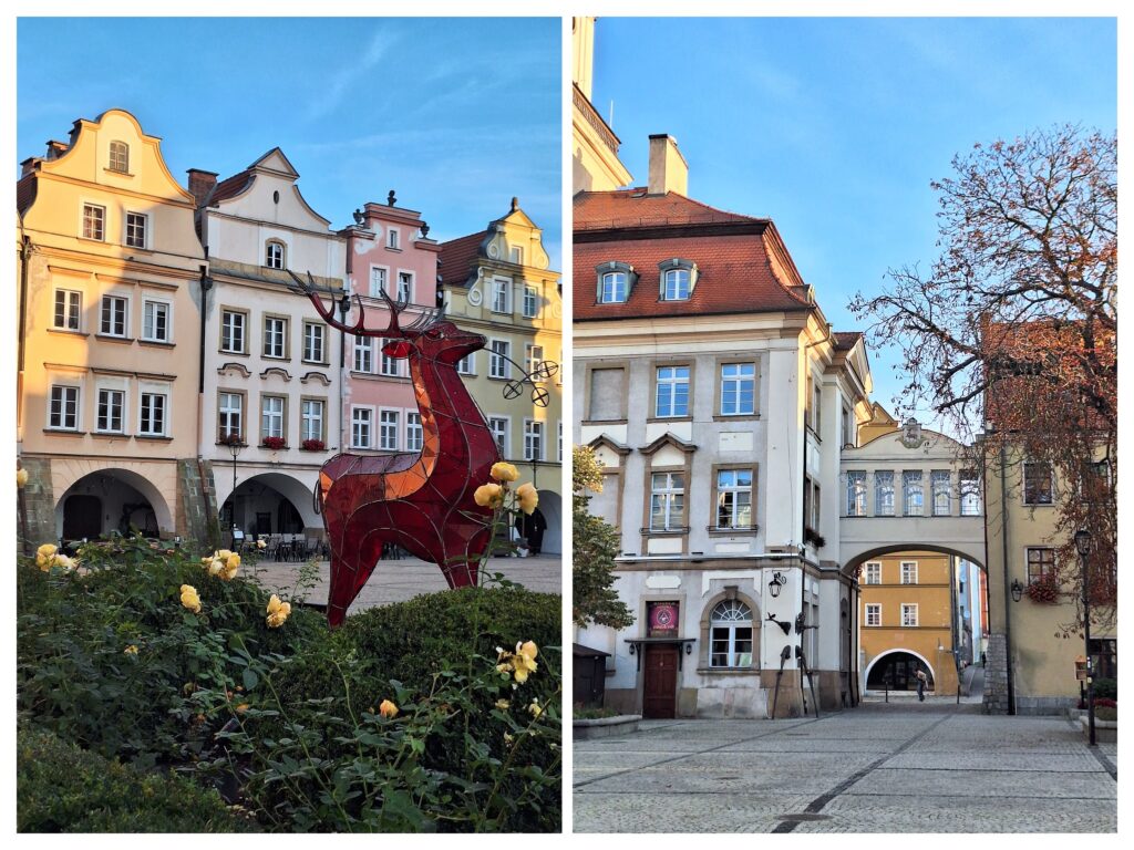 Häuser und Hirsch auf dem Marktplatz in Hirschberg.