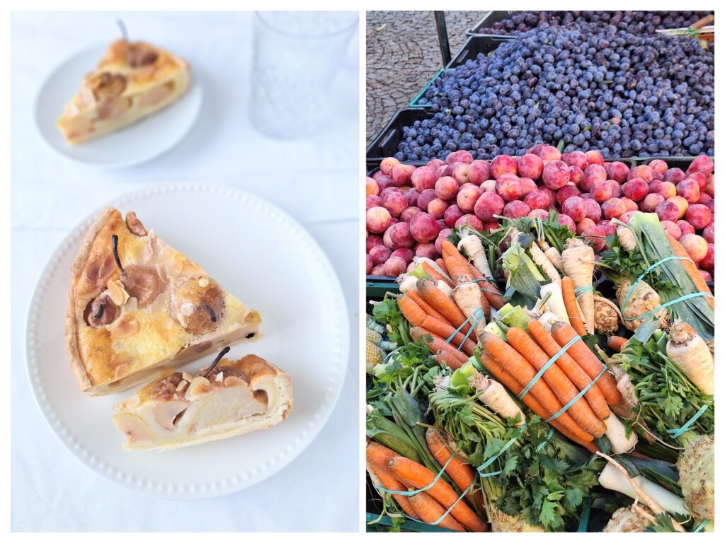 Stücke von Mandel-Birnen-Tarte und rechts Gemüse und Obst auf dem Markt.